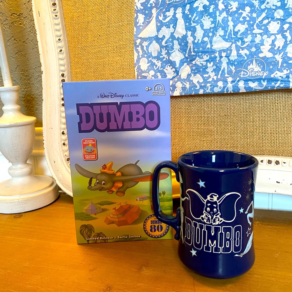 NIB Disney Dumbo 80th Anniversary Plush in VHS Box and Coffee Cup